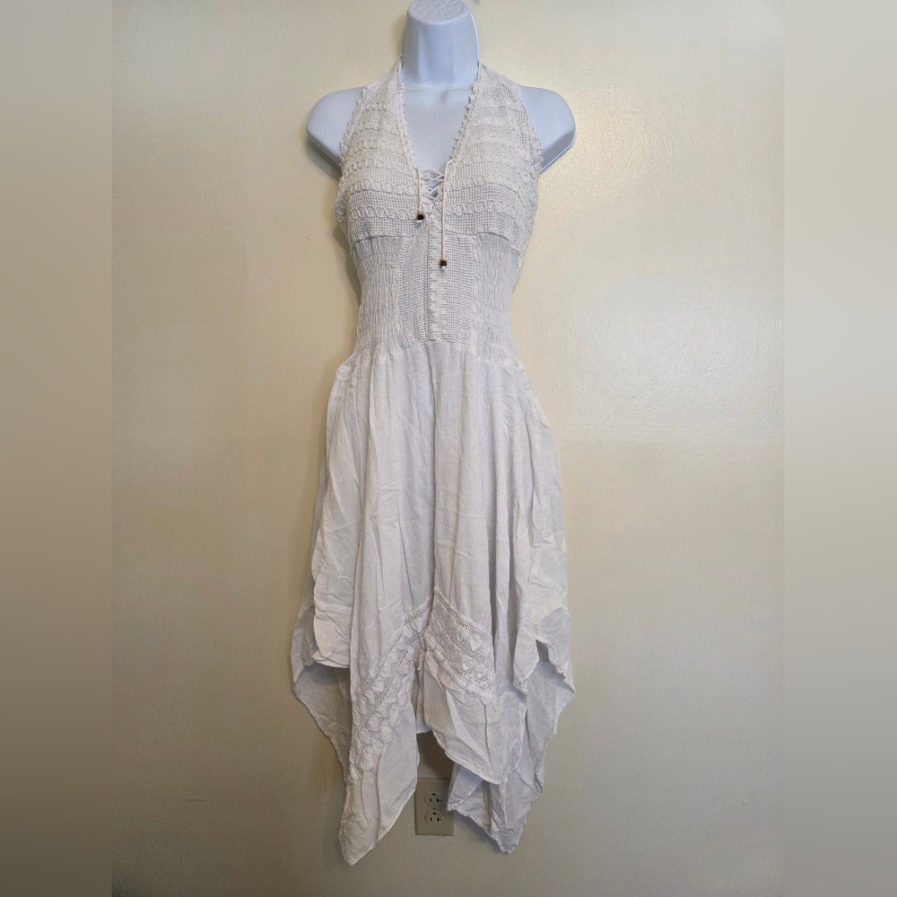 Handmade White Cotton Boho Halter Dress Crochet Smocked Beach Sundress